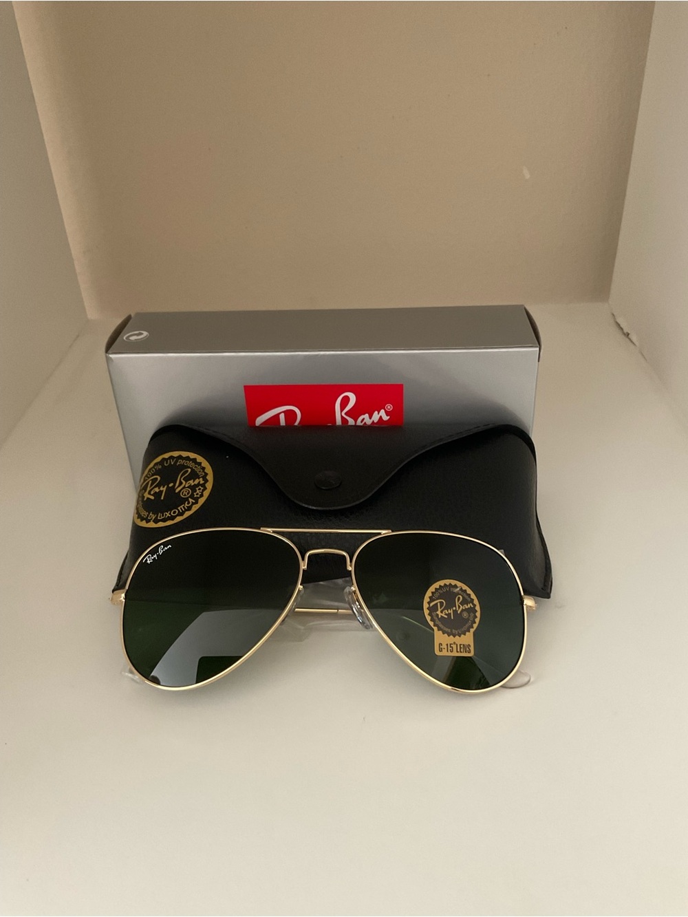 Ray-Ban Men’s Gold Frame Sunglasses with Green Lenses